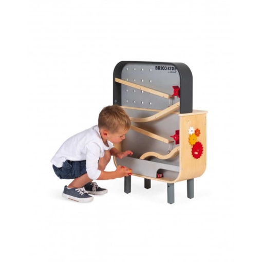 Janod BricoKids Reversible Workbench/Racing Track with 2 Cars - Image 4