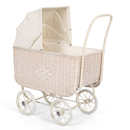 Astrup Retro Rattan Doll Pram White Washed Cream