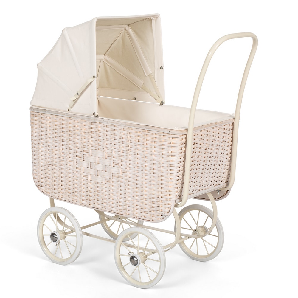 Astrup Retro Rattan Doll Pram White Washed Cream