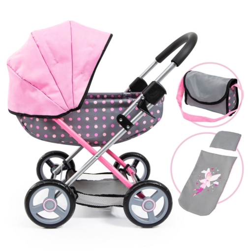 Bayer Cosy Doll Pram Grey with Pink Spots and Pink Hood