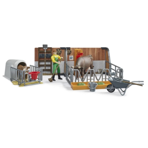 Bruder® Bworld Cow and Calf in Barn with Farmer - Image 3