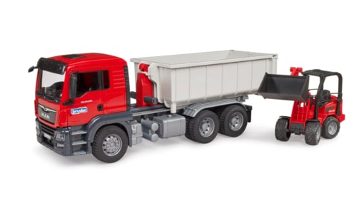 Bruder Toys MAN TGS Truck with Roll-Off Container and Schaeff Compact Loader