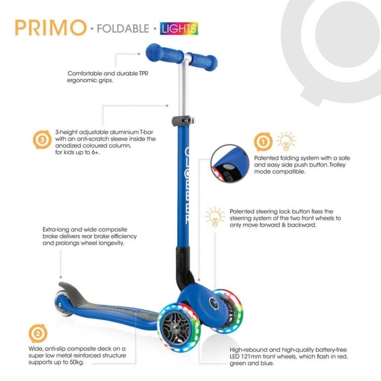 Globber PRIMO Foldable Scooter Navy Blue with Lights and Anodized T Bar