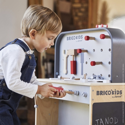 Janod BricoKids Reversible Workbench/Racing Track with 2 Cars - Image 7