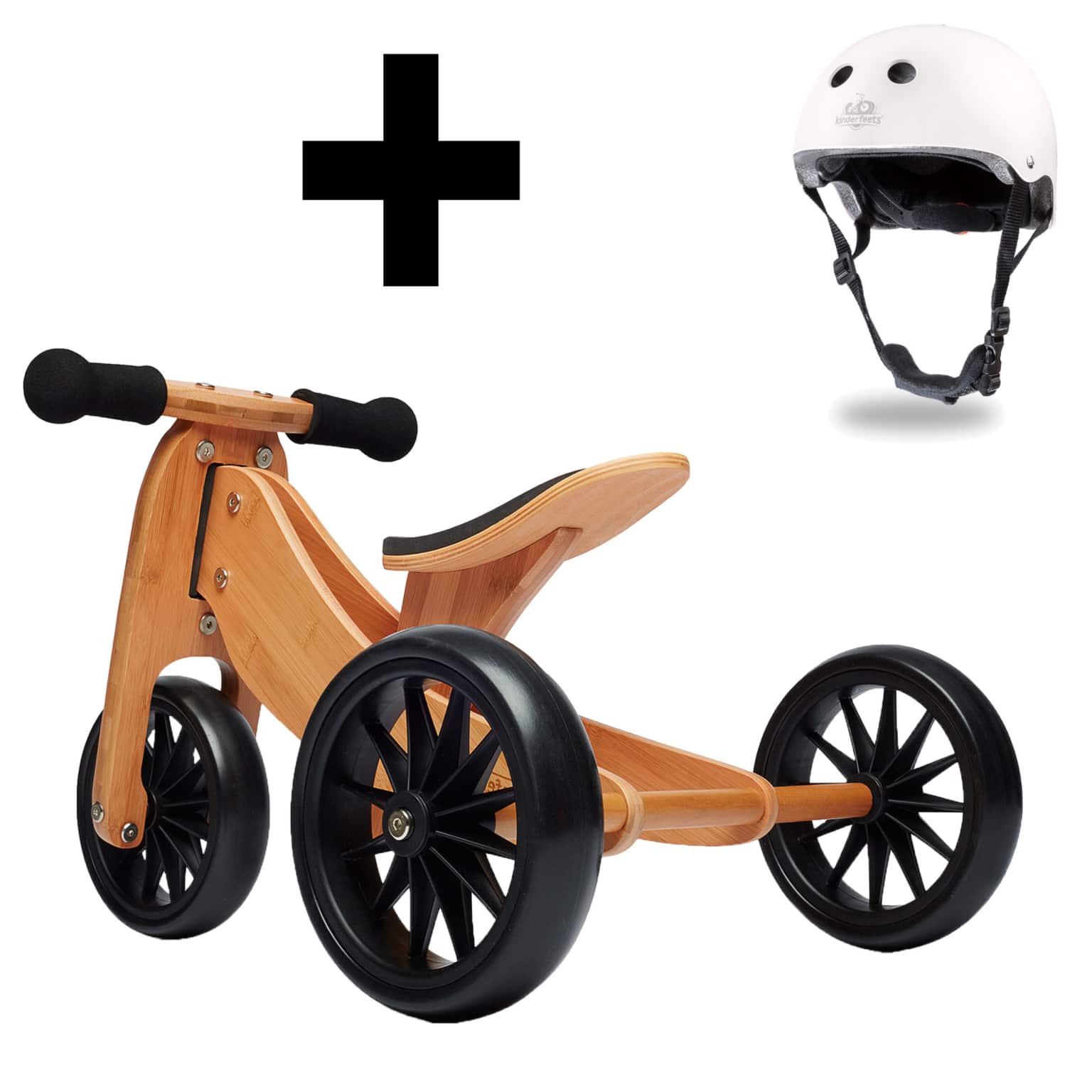 Kinderfeets Tiny Tot 2 in 1 Bamboo Balance Bike with White Helmet