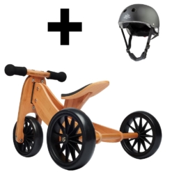 Kinderfeets Tiny Tot Trike Bamboo Balance Bike and Black Helmet