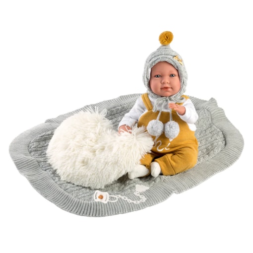 Llorens Crying Baby Doll Lucy with Gray Blanket and Heart Cushion 42cm