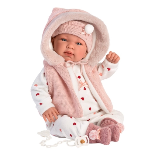 Llorens Crying Baby Doll Tina with Pink Hooded Vest 44cm