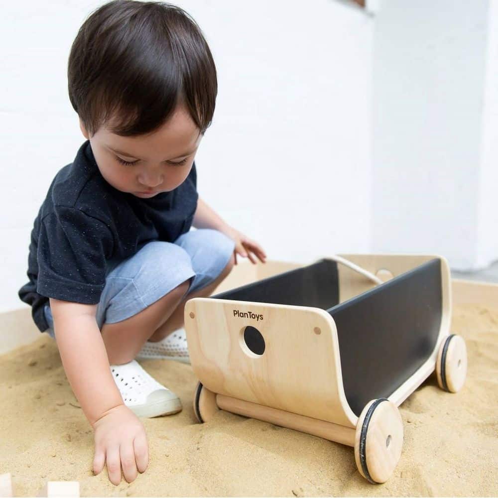 PlanToys Pull Along Wooden Wagon in Black And Natural