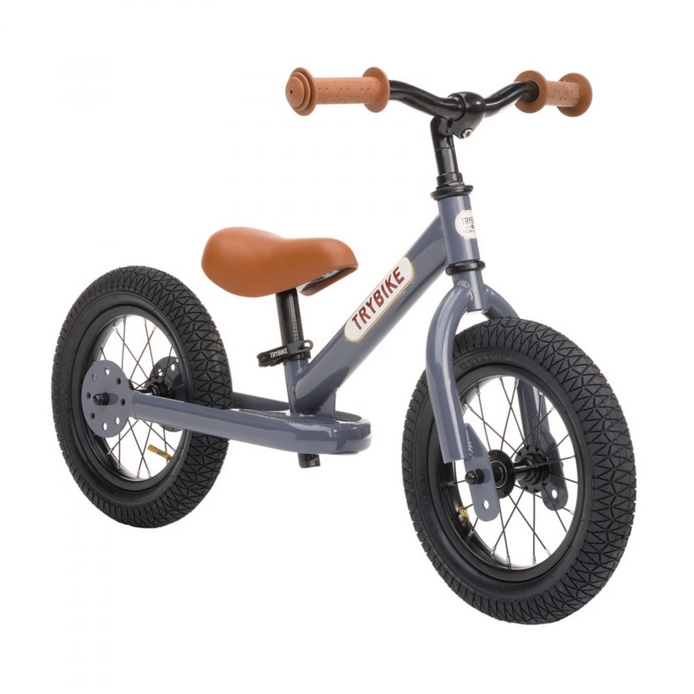 Trybike Vintage Grey Balance Bike Trike and helmet