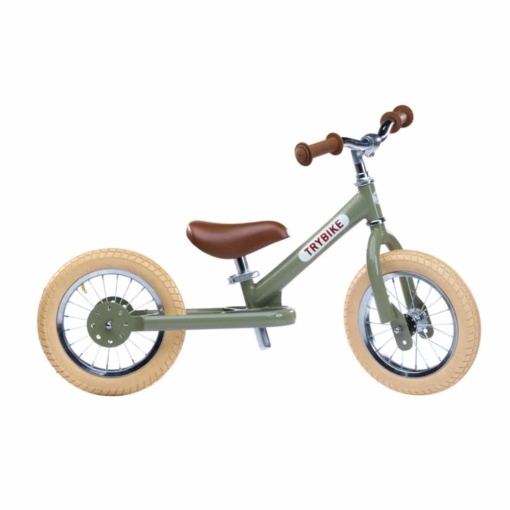 Trybike Steel 2 in 1 Balance Bike Matte Green Vintage - Image 2