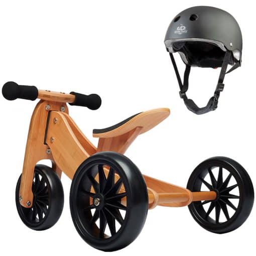 kinderfeets bamboo trike with black helmet