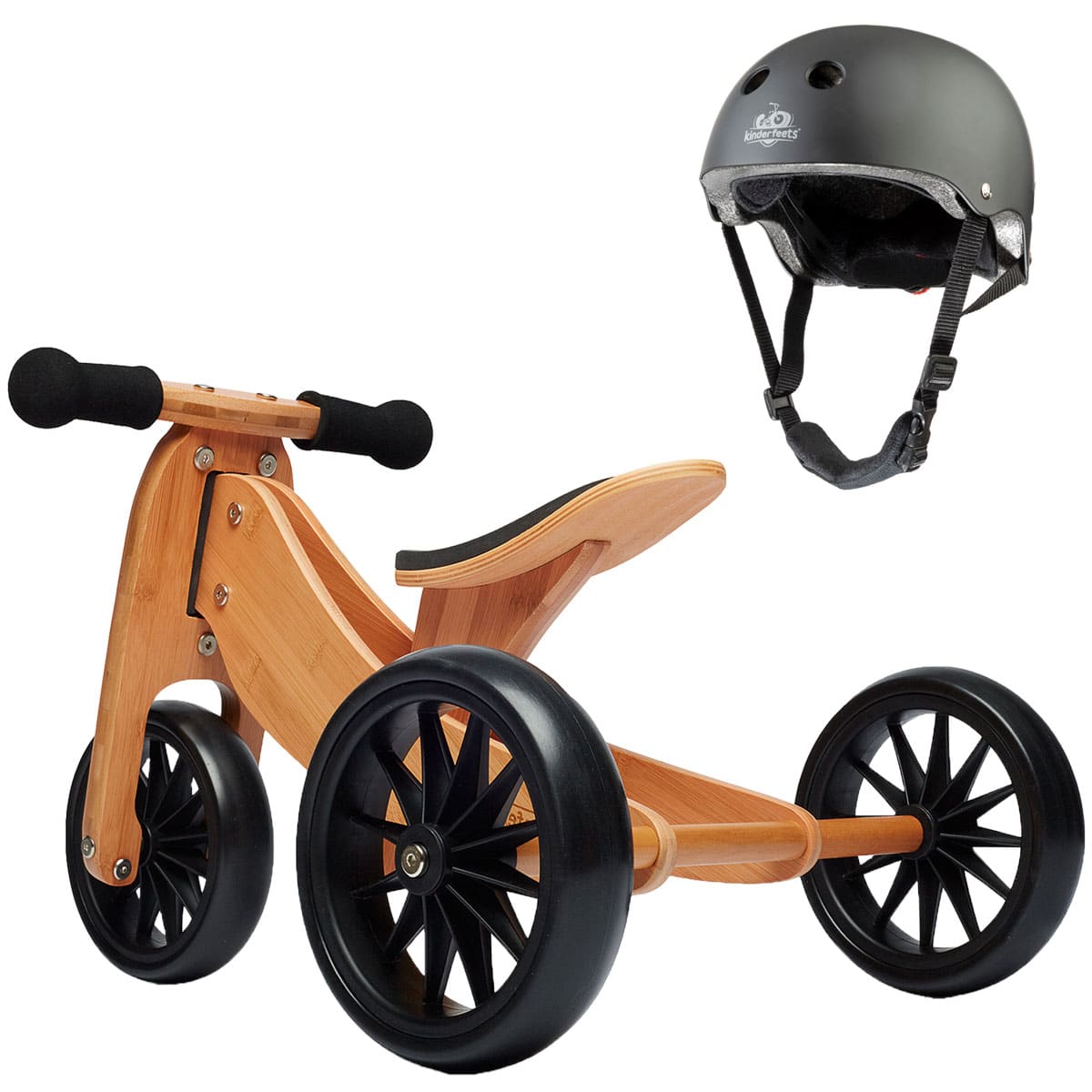 Kinderfeets Tiny Tot 2 in 1 Bamboo Balance Bike with Black Helmet