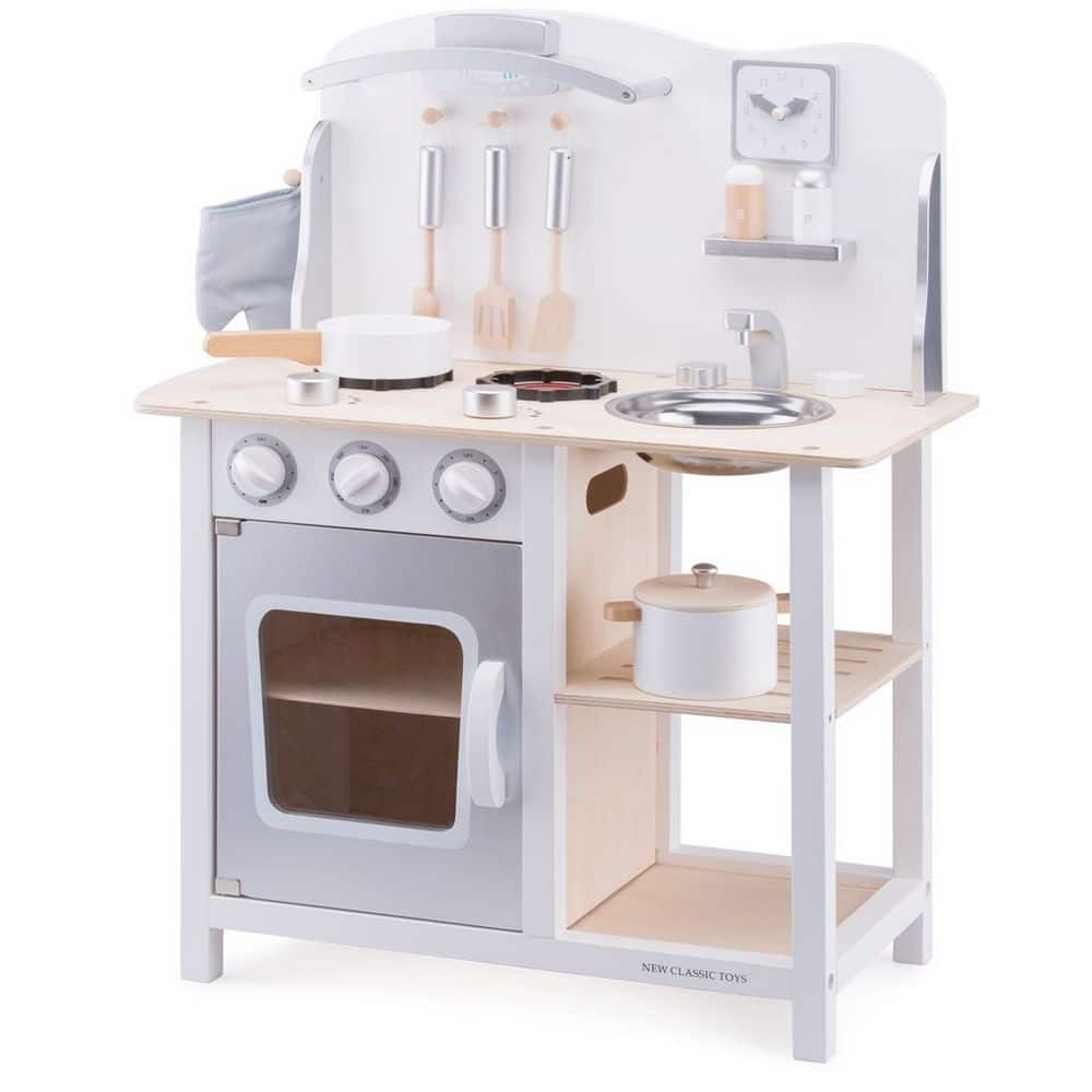 New Classic Toys - Cucinetta Per Bambini Bon Appetit - Colore Blu - Cucina Giocattolo In Legno Con Forno, Piano Cottura E Accessori (Pentola, Padella, Utensili)