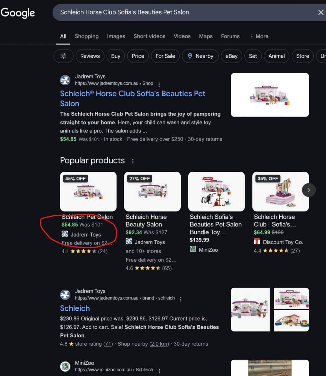Screen shot of Google Search showing price comparison between Jadrem Toys and compeitors